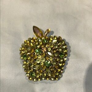 Gold Tone and Green Crystal Apple Shape Brooch
